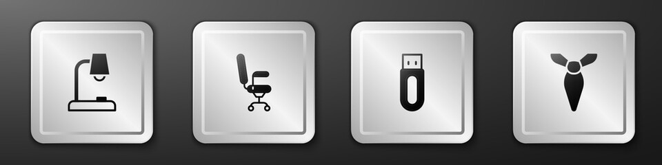 Set Table lamp, Office chair, USB flash drive and Tie icon. Silver square button. Vector