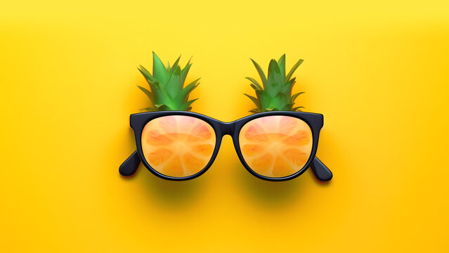 Fashion sunglasses pineapple concept on summer vacation fruit isolated yellow background with happy tropical holiday creative art summertime party or colorful glasses stylish banner.