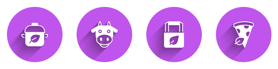 Set Vegan food diet, Cow head, Shopping bag with recycle and pizza slice icon with long shadow. Vector