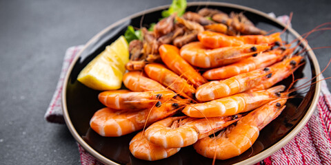 fresh shrimp prawn seafood plate meal food snack on the table copy space food background rustic top view 