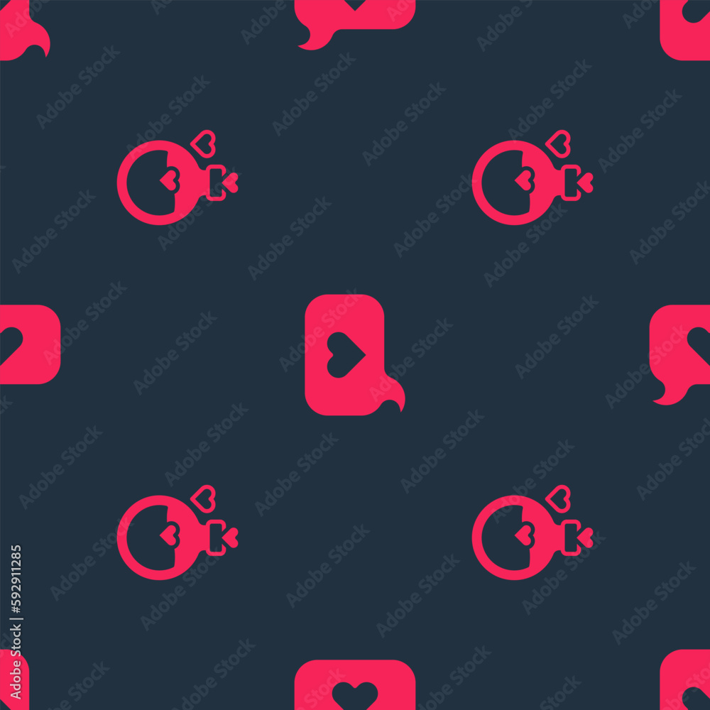 Poster set bottle with love potion and heart in speech bubble on seamless pattern. vector