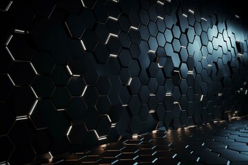 Hexagonal, Black Wall background with tiles. Futuristic, tile Wallpaper with 3D, Polished blocks. 3D Render. Generative AI