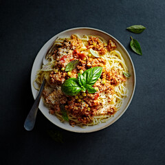 Spaghetti with Bolognese Sauce, Parmesan and Basil. Top view