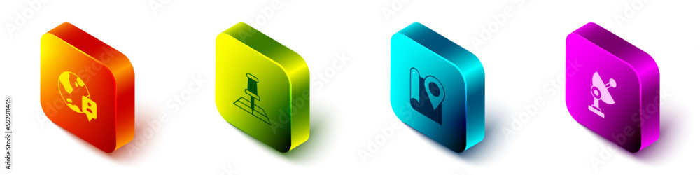Poster set isometric location on the globe, folded map with location marker, and radar icon. vector