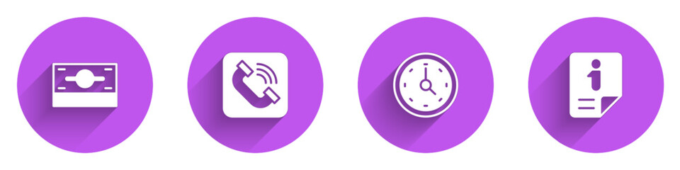Set Stacks paper money cash, Telephone handset, Clock and Information icon with long shadow. Vector