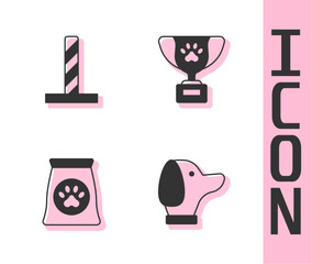 Set Dog, Cat scratching post with toy, Bag of food for pet and Pet award symbol icon. Vector