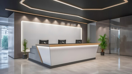 Fototapeta na wymiar corporate branding white blank frame mockup with modern business offices reception background - Generative AI