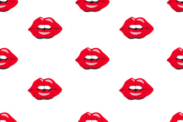 Seamless pattern with Red Lips. Endless ornament with Fashion flat Lips on white background. Passion. Passionate art. Vector illustration. Wallpaper and bed linen print. Sexy Wrapping paper.