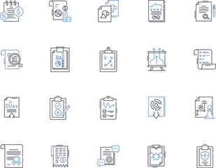 Documents outline icons collection. Files, Records, Papers, Forms, Certificates, Contracts, Letters vector and illustration concept set. Memos, Reports, Specifications linear signs