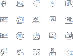 Mass media outline icons collection. Media, Mass, Journalism, Broadcast, Communication, Public, Television vector and illustration concept set. Radio, Social, Networking linear signs