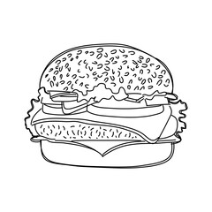 Hand drawn sketch style cheeseburger. Fast, street food. Vector.