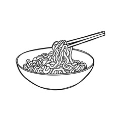 Doodle noodle at bowl and stick. Vector.