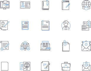 Office design outline icons collection. Office, Design, Interior, Decoration, Layout, Arrangement, Architecture vector and illustration concept set. Furnishings, Colors, Lighting linear signs