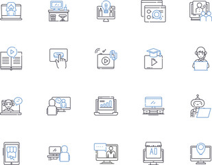 Fototapeta na wymiar Video marketing outline icons collection. Video, Marketing, Advertising, Strategy, Optimization, Social, Campaign vector and illustration concept set. Platforms, YouTube, Editing linear signs