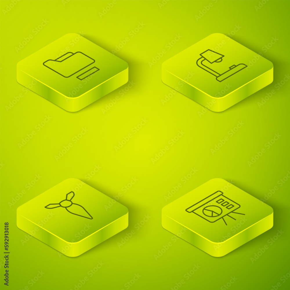 Poster set isometric line table lamp, tie, board with graph and document folder icon. vector