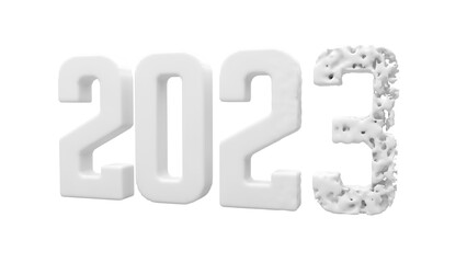 The 2023 year font text 3D render Image. 2023 Year-end concept Photo. 3d rendering of 2023 new year text with a cracked font. The year 2023 is on white background.