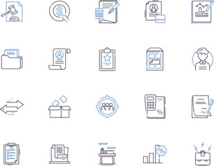 Business office outline icons collection. Office, Business, Building, Desk, Suite, Chair, Computer vector and illustration concept set. Furniture, Printer, Meeting linear signs