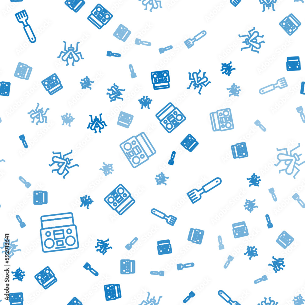 Poster set line home stereo with two speakers, fork and mosquito on seamless pattern. vector