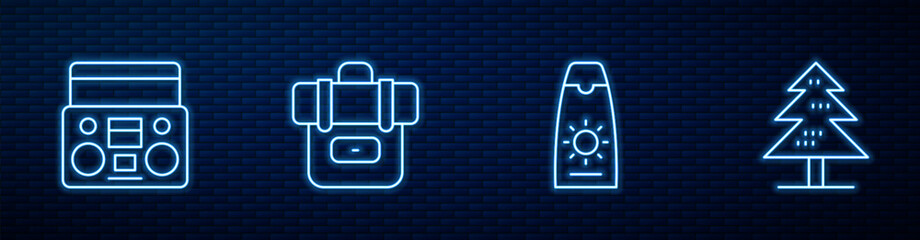 Set line Sunscreen cream in tube, Home stereo with two speakers, Hiking backpack and Tree. Glowing neon icon on brick wall. Vector