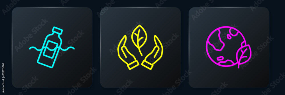 Poster set line the problem of pollution, earth globe and leaf and leaf in hand. black square button. vecto