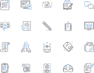 Office design outline icons collection. Office, Design, Interior, Decoration, Layout, Arrangement, Architecture vector and illustration concept set. Furnishings, Colors, Lighting linear signs
