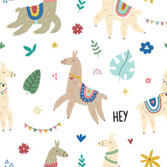 Vector seamless pattern with cute lamas in bright colors in scandinavian style. Cute cartoon lama. Ideal for children's printed materials.