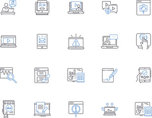 Laptop notebook outline icons collection. laptop, notebook, computer, portable, lightweight, slim, performance vector and illustration concept set. processor, RAM, storage linear signs