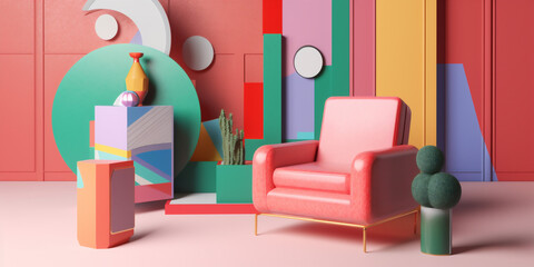sofa memphis pink interior home design colourful armchair geometric art room. Generative AI.