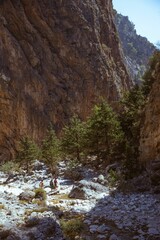 Vertical shot of hikers walking at Samaria Gorge National Park in Crete, Greece