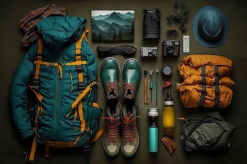 Essential equipment for a hiking adventure. Generative AI