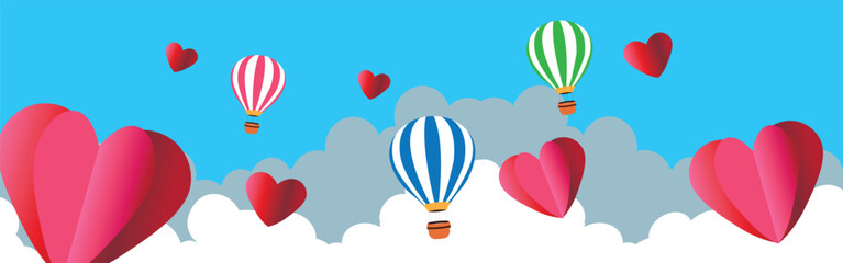 Valentine's Day modern border frame design with hot air balloons and hearts for a banner