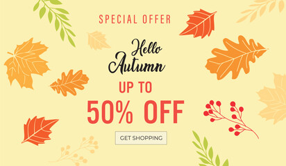 Poster design for an autumn sale background with a special offer and colorful leaves