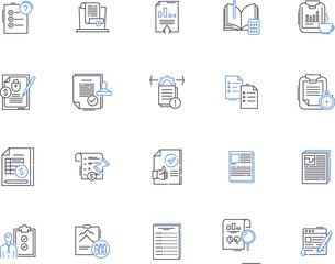 Reports outline icons collection. Reports, Document, Publication, Record, Analysis, Summary, Logs vector and illustration concept set. Findings, Investigations, Surveys linear signs