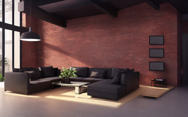 Interior of modern living room with empty black picture frames on wall. 