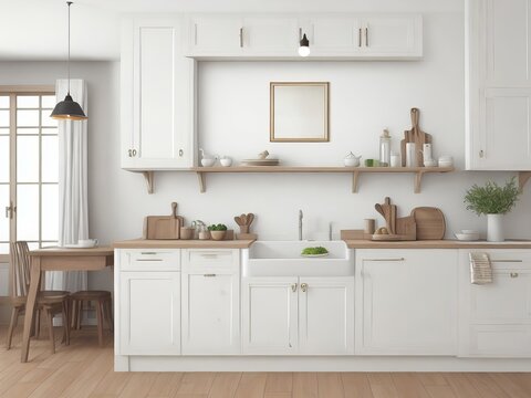Boho-style kitchen interior background with frame mockup. Generative AI.