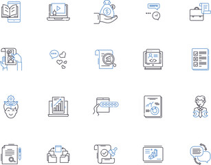 Blogging outline icons collection. blogging, posts, content, microblogging, articles, social, media vector and illustration concept set. press, authors, networks linear signs