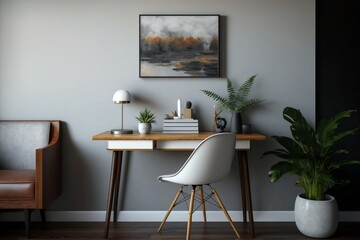 Aesthetic Home Office Decor and Minimalist Workspace with Blank Wall Focus. Generative AI
