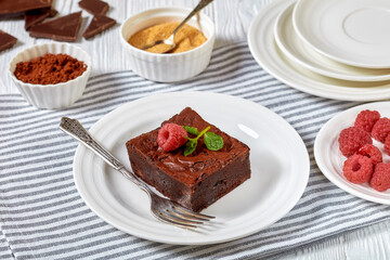 chocolate brownies with fresh raspberry and mint