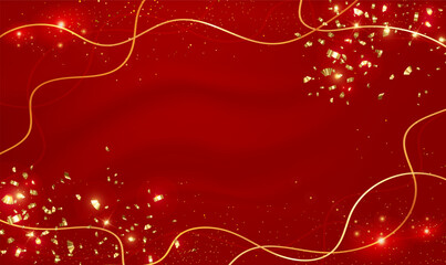Abstract red background with golden lines and lighting effect. Luxury fabric red background with golden lines, sparkle glow, glitter light and beam effect decoration. Elegant style. Vector EPS10.