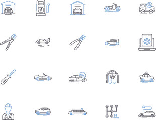 Car service outline icons collection. Maintenance, Garages, Oil-change, Parts, Repairs, Window-tint, Detailing vector and illustration concept set. Wheels, Brakes, Diagnostic linear signs