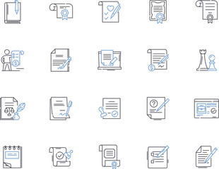 Certification outline icons collection. Certificate, Accreditation, Qualification, Designation, Endorsement, Validation, Authentication vector and illustration concept set. Licensing, Registration