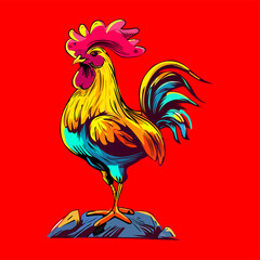 Colored vector  inked style rooster wall art