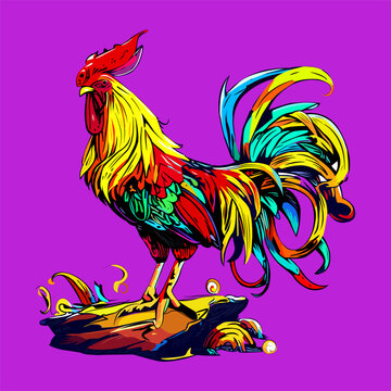 Colored vector  inked style rooster wall art