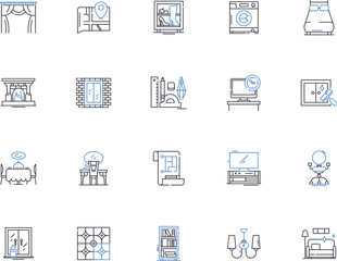 Interior design outline icons collection. Decorating, Furnishings, Fabric, Arrangement, Colours, Organization, Fixtures vector and illustration concept set. Updating, Planning, Layout linear signs