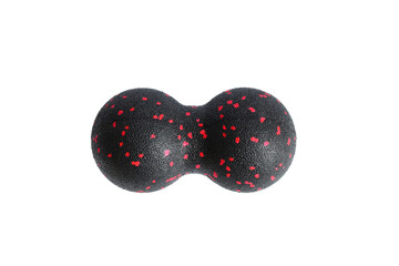 Black double ball or peanut ball massager with red dots isolated on a white background. Fitness equipment. Concept of myofascial release.