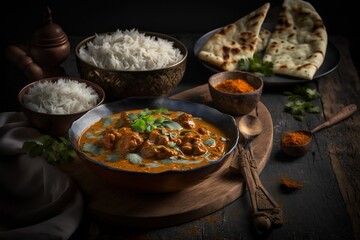 Dark Food Photography of Indian Butter Chicken with Basmati Rice and Naan Bread. Generative AI