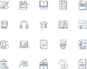 Homework outline icons collection. Exercise, Assignment, Task, Study, Quiz, Projects, Research vector and illustration concept set. Writing, Papers, Practice linear signs