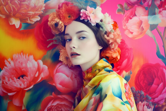 spring woman fashion rose portrait bouquet flower peony art summer beauty. Generative AI.