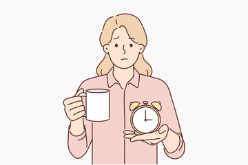 Businesswoman with alarm clock and cup of coffee offers to take break from work and cheer up 