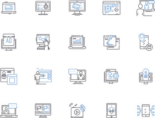 Internet marketing outline icons collection. Search, Optimization, Ads, Social, Analytics, SEO, Online vector and illustration concept set. Display, Promotions, Clicks linear signs
